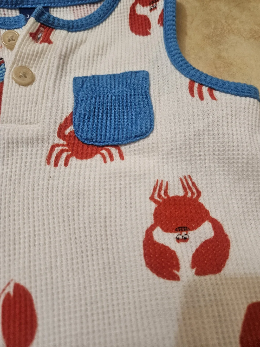 Old Navy White Tank Romper with Red Crab Print and Blue Trim